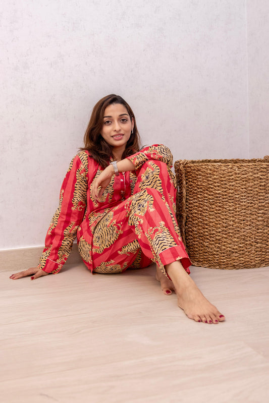 🐅 Bagh-e-Sher - Red Tiger Print Cotton Pajama Set