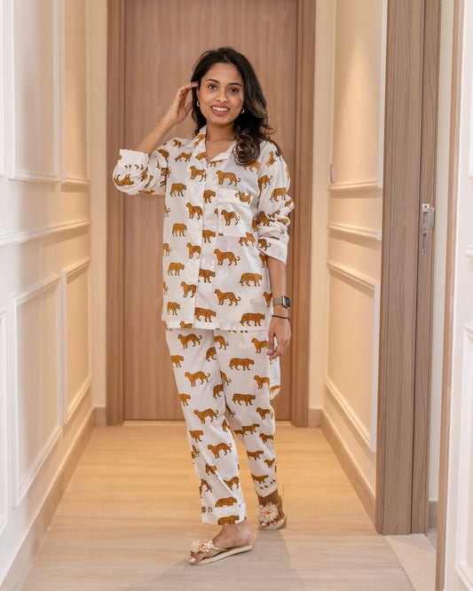 🐆 Shwet Bagh - White Leopard Print Cotton Pajama Set