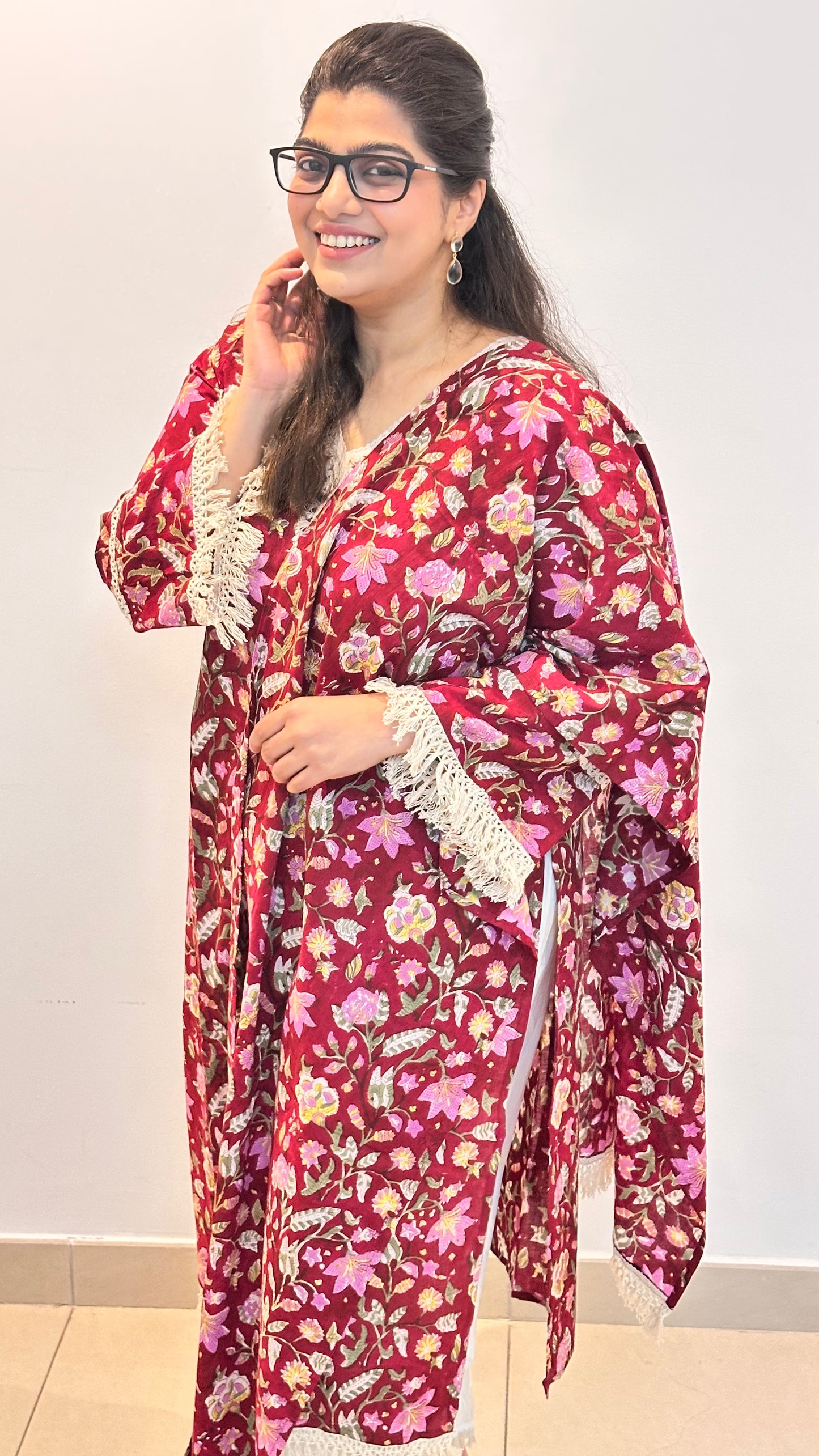 Ruhani – Cherry Red Sanganeri Block Print Cotton Suit Set