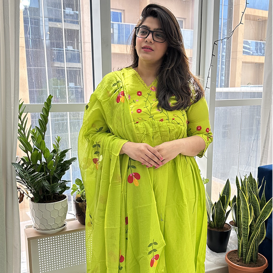 🌿 Gulbahaar – Lime Green Embroidered Anarkali Suit Set