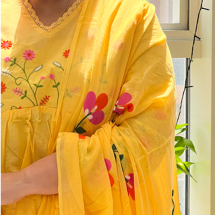 🌼 Gulbahaar - Sunshine Yellow Floral Embroidered Anarkali Suit Set