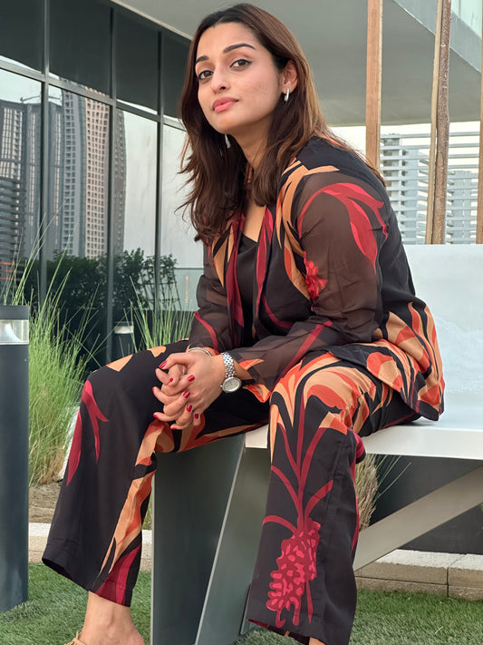 Midnight Ember - Charcoal Black Fiery Print Power Co-ord Set