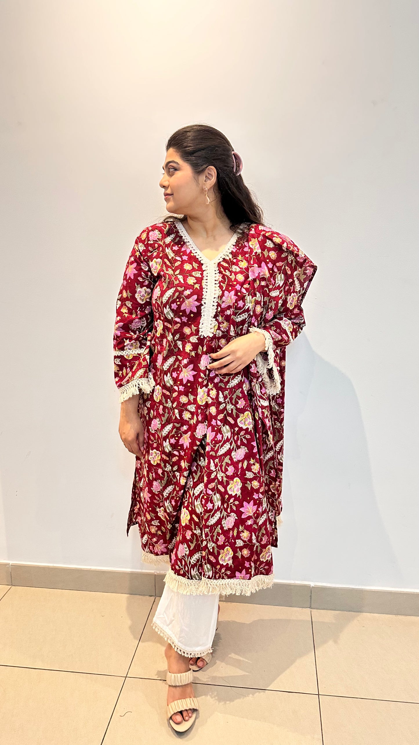 Ruhani – Cherry Red Sanganeri Block Print Cotton Suit Set