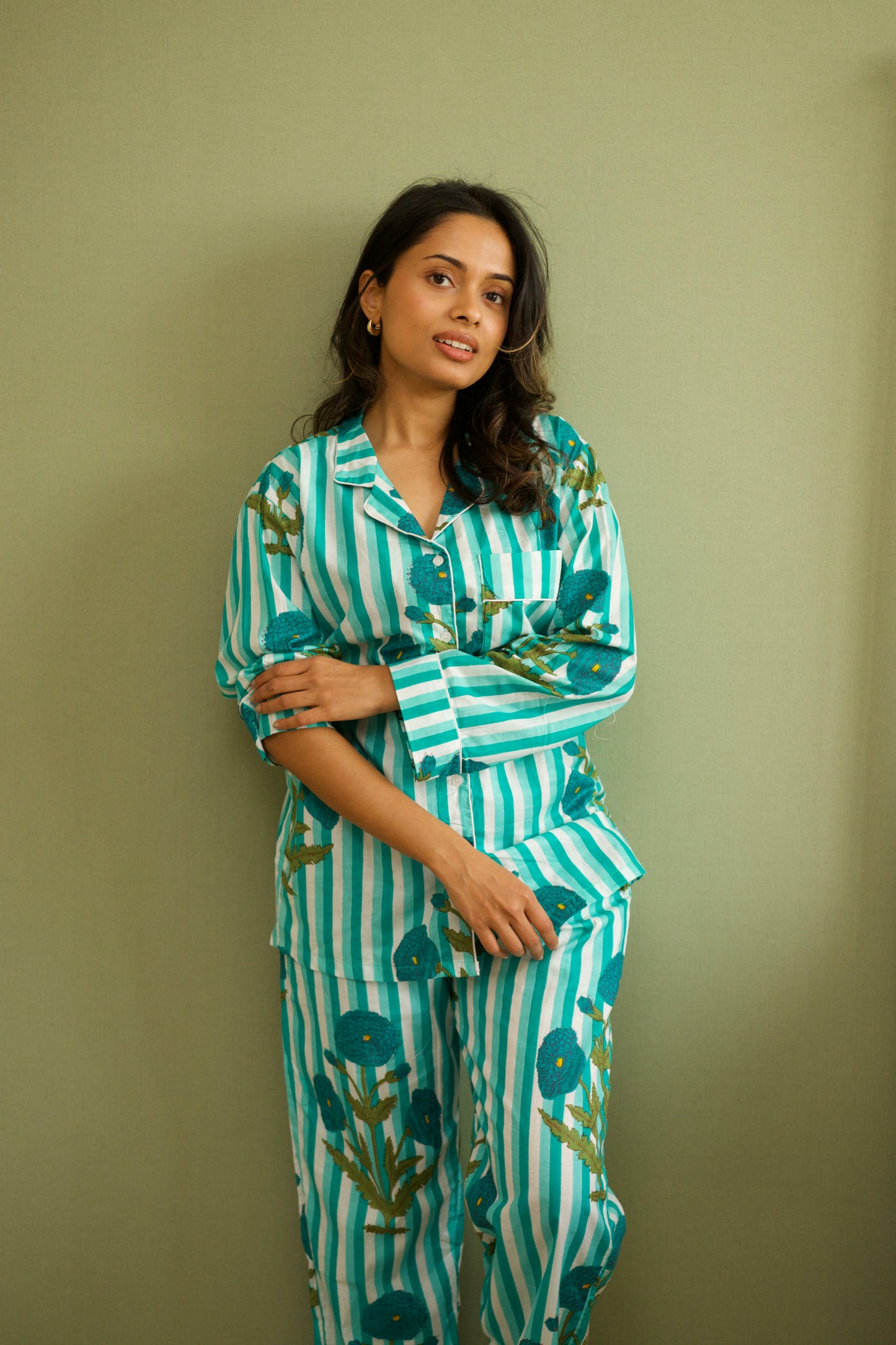 ❄️ Neel Bagh - Turquoise Floral Cotton Pajama Set