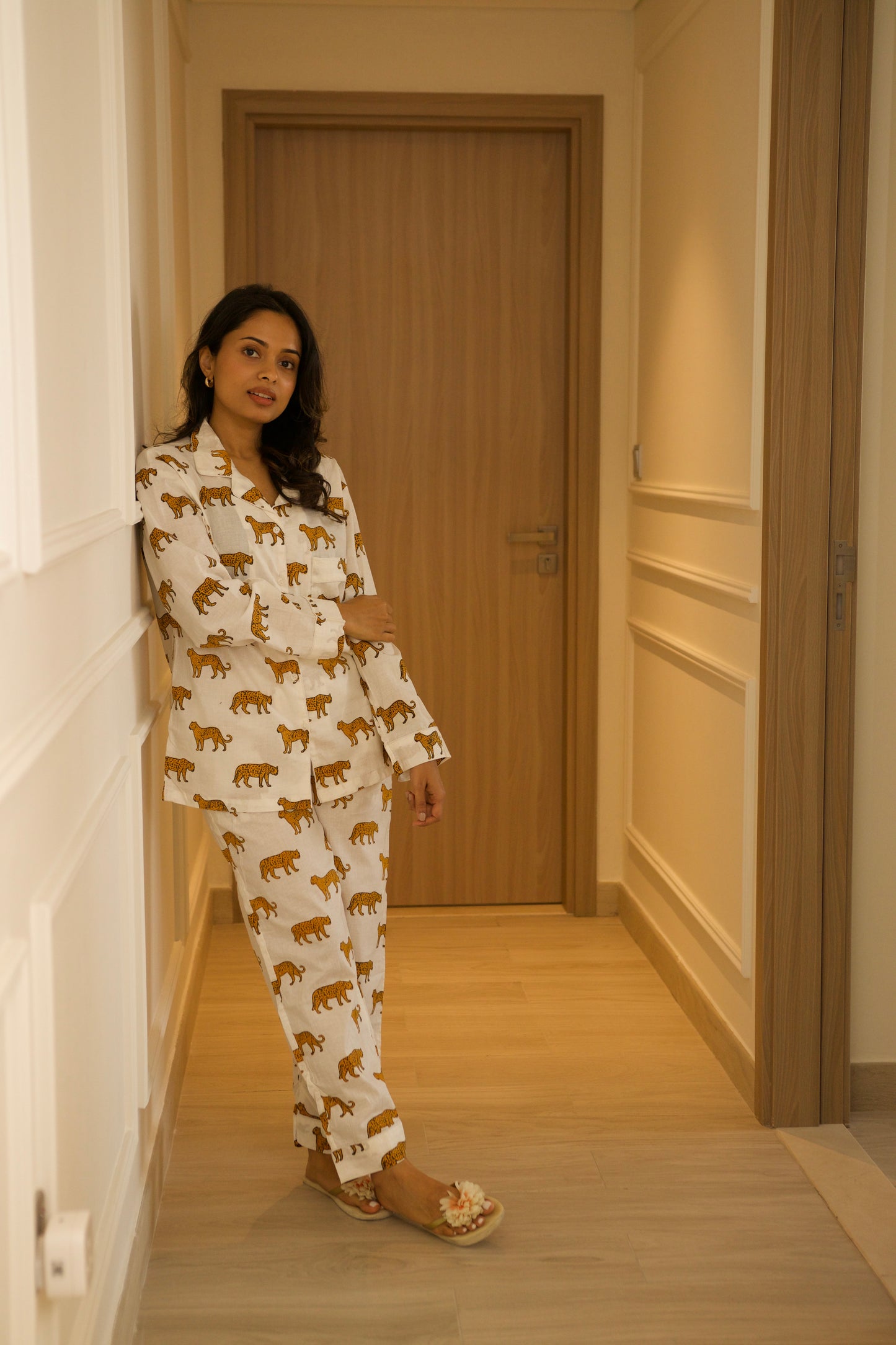 🐆 Shwet Bagh - White Leopard Print Cotton Pajama Set