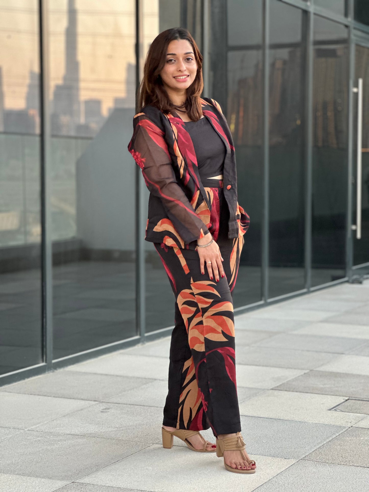 Midnight Ember - Charcoal Black Fiery Print Power Co-ord Set