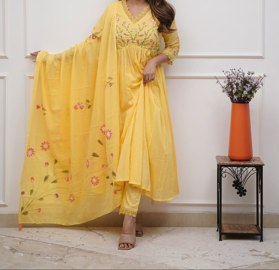 🌼 Gulbahaar - Sunshine Yellow Floral Embroidered Anarkali Suit Set