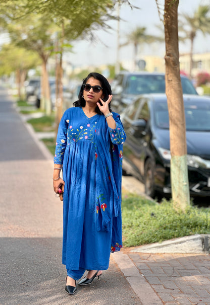 Gulbahaar – Royal Blue Floral Embroidered Anarkali Suit Set