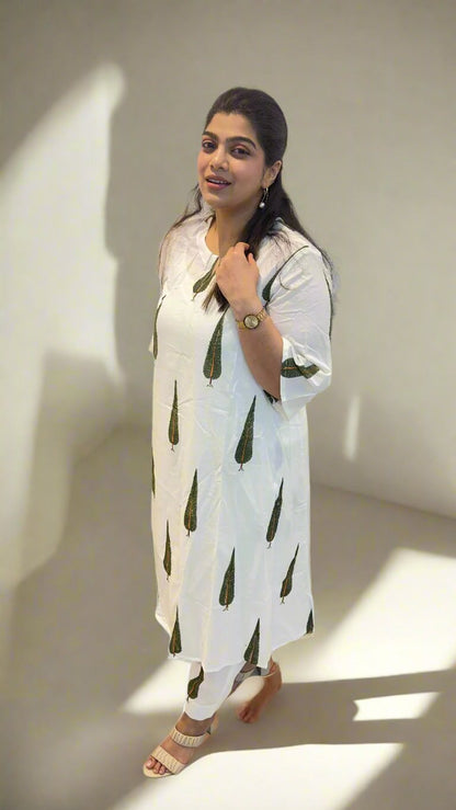 Vṛksha - White & Green Cotton Suit Set