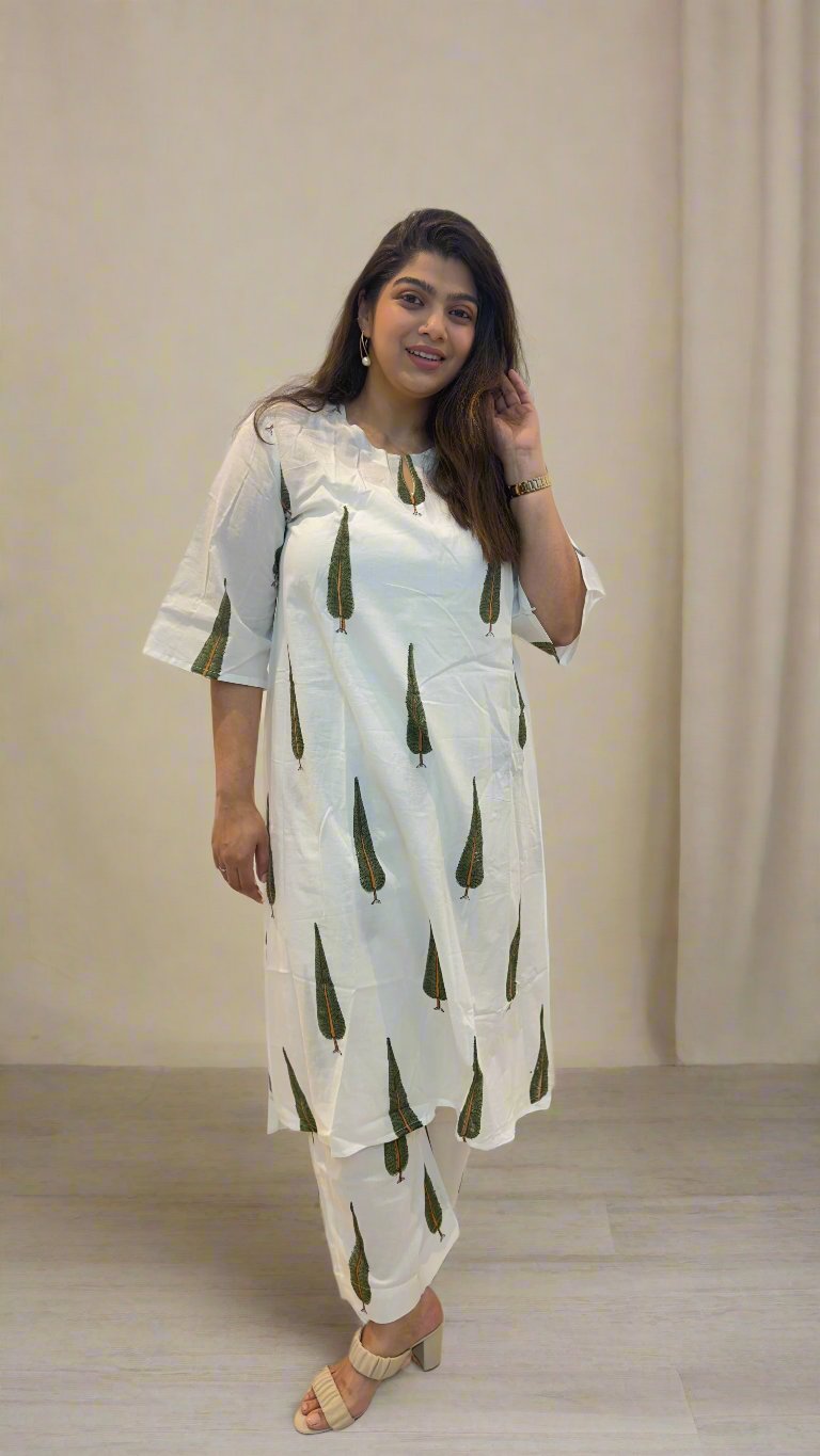 Vṛksha - White & Green Cotton Suit Set