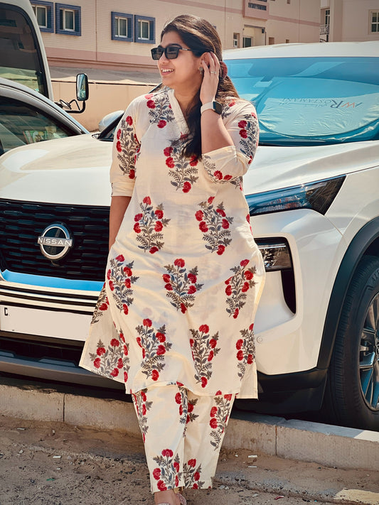 🌺 Zehra - Offwhite Red Petal Cotton Suit Set