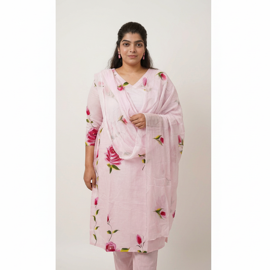 Phool - Pink Hand-Painted Floral Cotton Suit Set